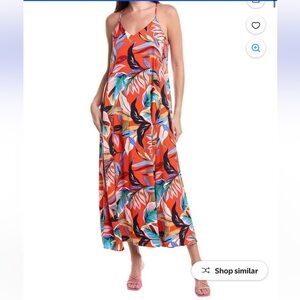 Nicole Miller Printed Palma Satin Maxi Dress Tropical Floral Resort XL NWOT